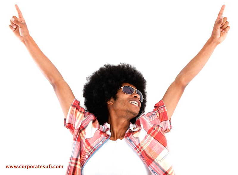 Excited black man looking cool with arms up - isolated over a white background